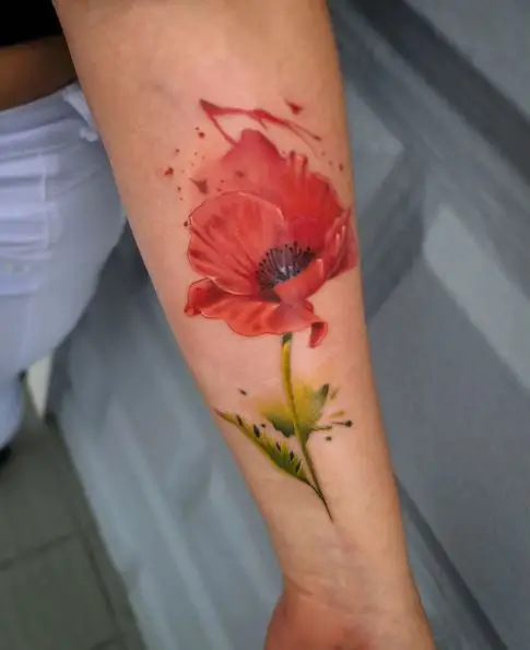 Red Splashed Poppy Flower Tattoo