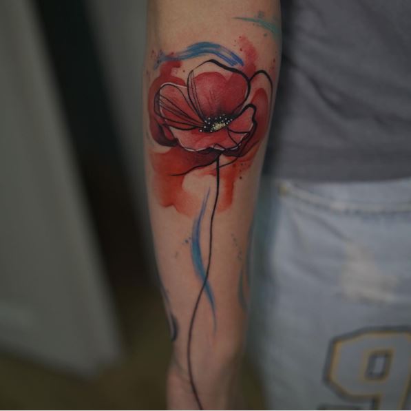Red Watercolored Poppy Flower Tattoo