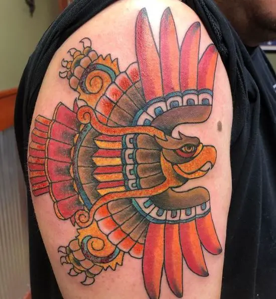 Red and Orange Aztec Eagle Arm Tattoo