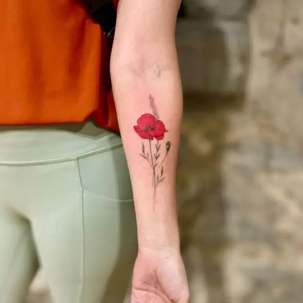 Red with Green Leaves Poppy Flower Tattoo