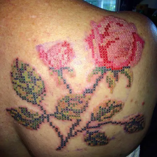 Rose with Leaves Cross Stitch Tattoo