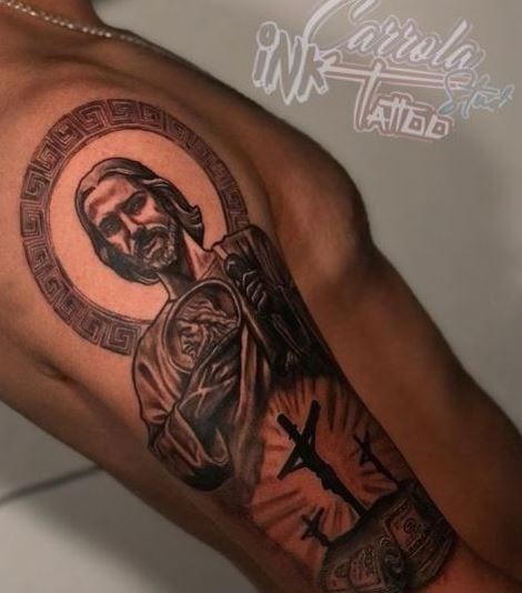 Crucifixion and San Judas Arm Tattoo