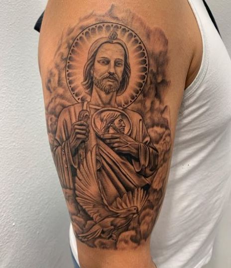 Grey Dove and San Judas Arm Tattoo