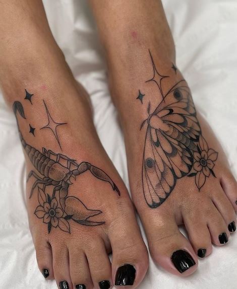 Scorpion And Butterfly Tattoo On Feet