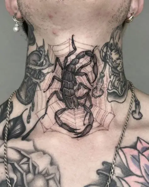 Scorpion And Cobweb Neck Tattoo