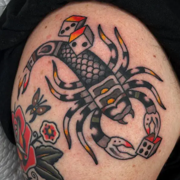 Scorpion And Dice Shoulder Tattoo