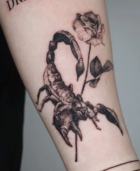 Scorpion And Rose Flower Forearm Tattoo