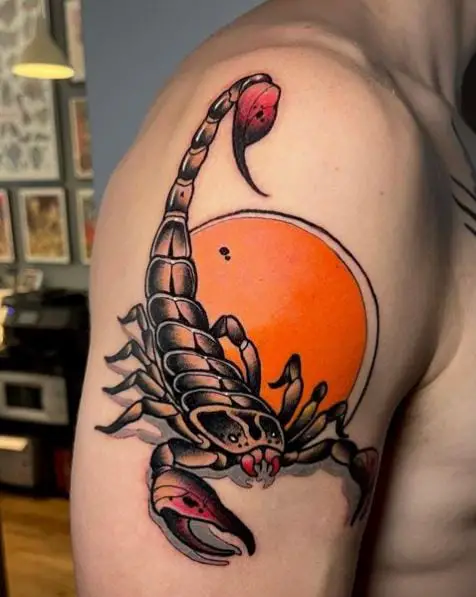Scorpion With Sun Background Tattoo