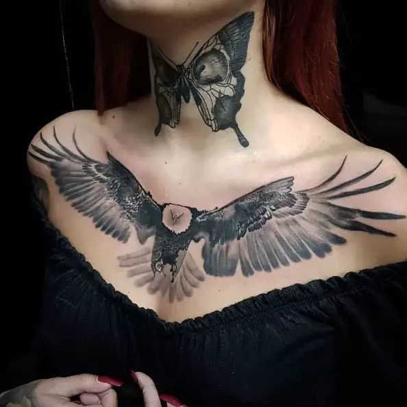 Shaded Black Eagle Chest Tattoo