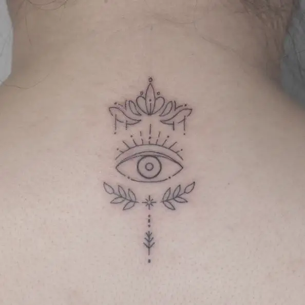 Simple Evil Eye and Herbs Neck Tattoo