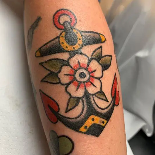 Single Flower Anchor Tattoo