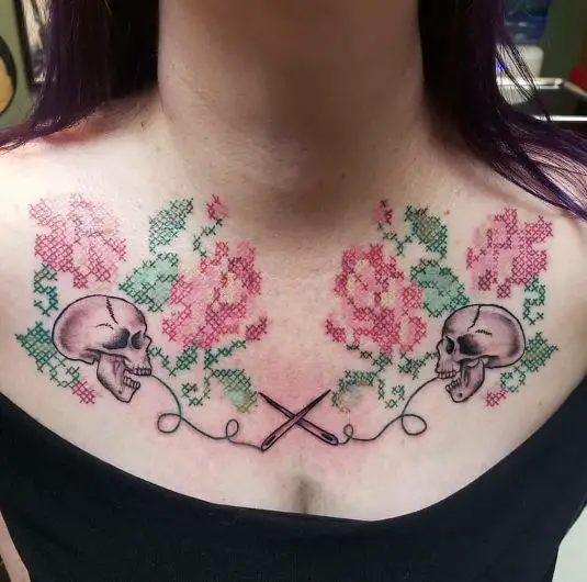 Skull Cross Stitch Chest Tattoo