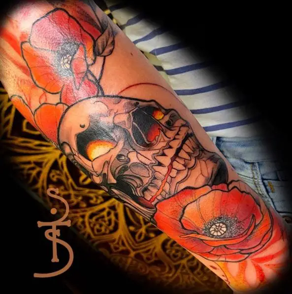Skull and Orange Poppy Flowers Tattoo