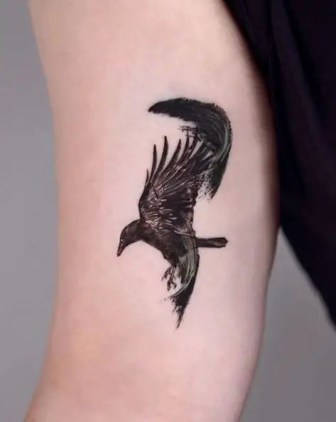 Small Raven Bird With Abstract Touch Tattoo