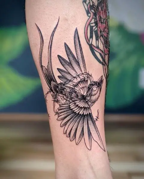 Sparrow Bird and Barbed Wire Tattoo