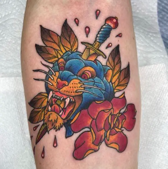 Stabbed Blue Panther and Flowers Tattoo
