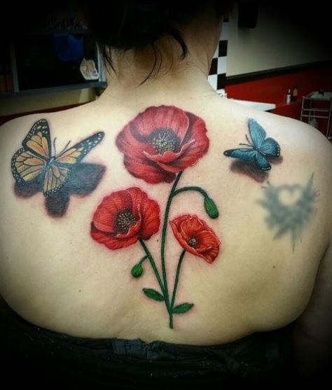 Three Red Poppy Flowers with Butterflies Tattoo