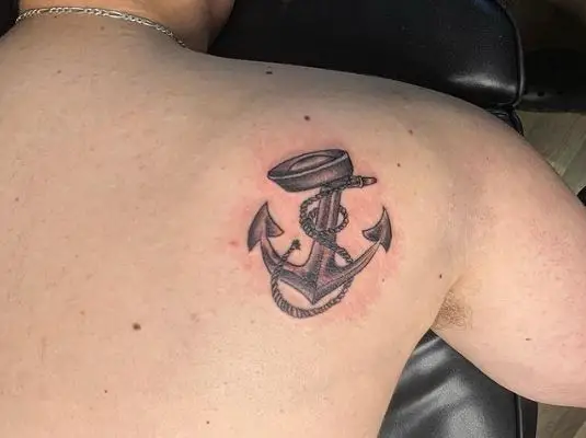 Tiny Black and Grey Anchor Back Tattoo