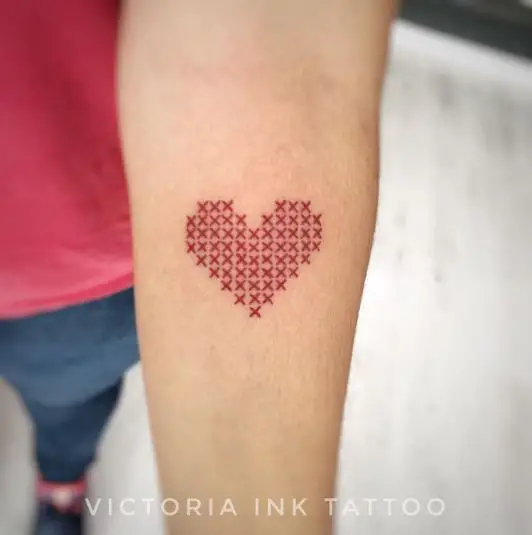 Tiny Red Heart Cross Stitch Tattoo