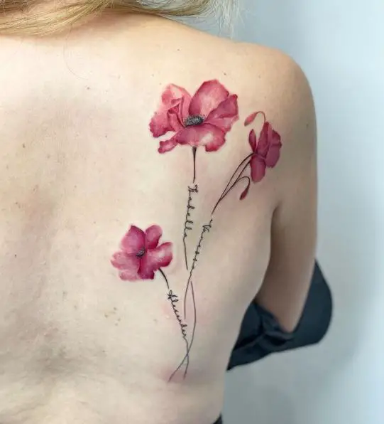 Triple Poppy Flowers with Signed Stem Tattoo