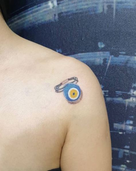 Turkish Eye Pinned Tattoo on Shoulder