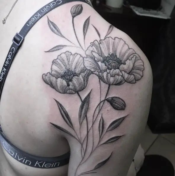 Twin Poppy Flower Shoulder Tattoo