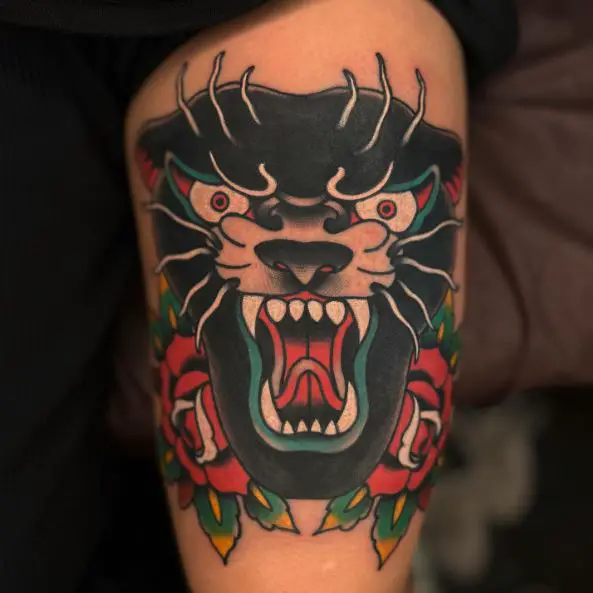 Twin Red Flowers and Panther Head Tattoo