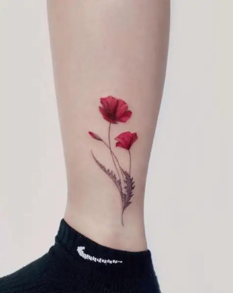 Twin Red Poppy Ankle Tattoo