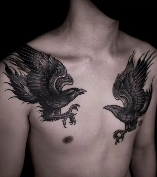 Two Fighting Ravens Tattoo on Chest
