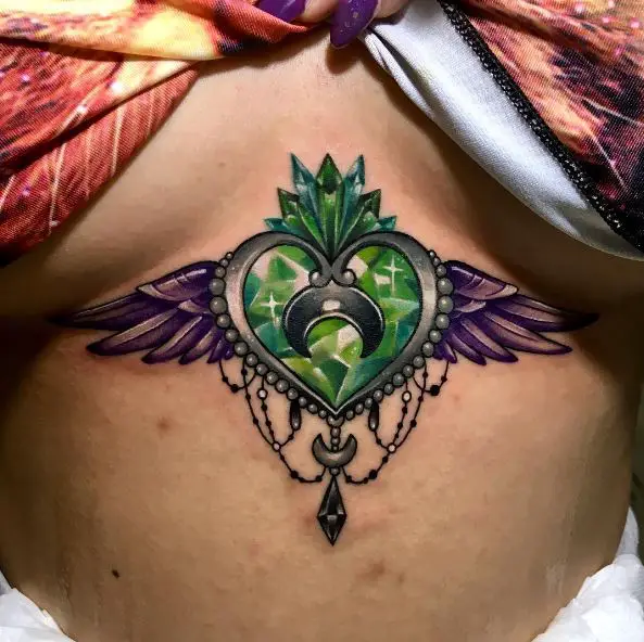 Under Boobs Green Diamond with Wings Tattoo