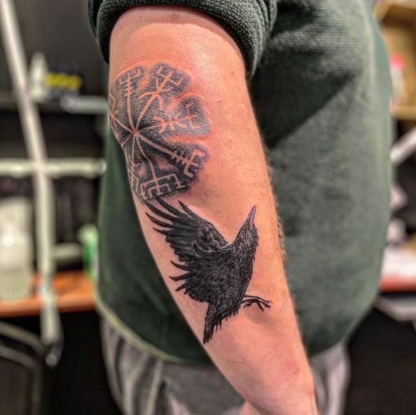 Viking Compass and Raven Hand Tattoo