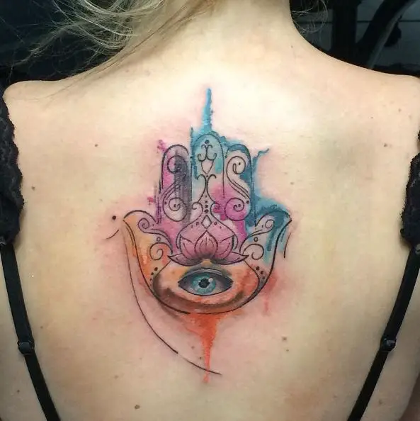 Water Colored Hamsa Evil Eye Back Tattoo