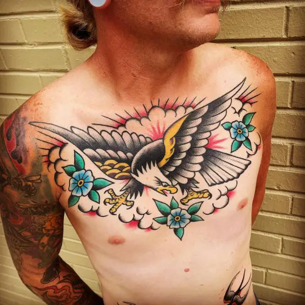 Colorful Eagle Chest Tattoo with Flowers