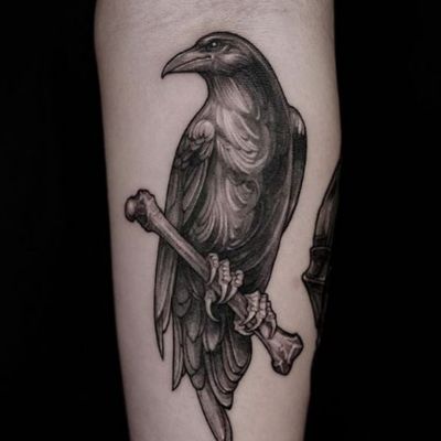 Grey And Black Raven On Tree Tattoo On Side
