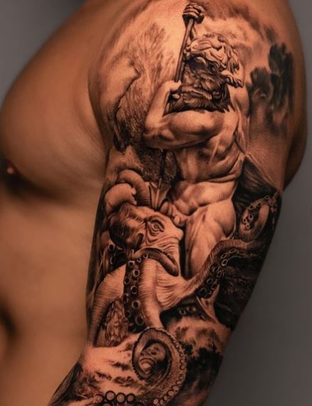 Black and Grey Poseidon Arm Sleeve Tattoo