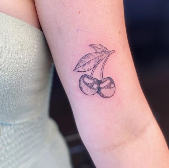 Grey Cherry with Leaves Biceps Tattoo