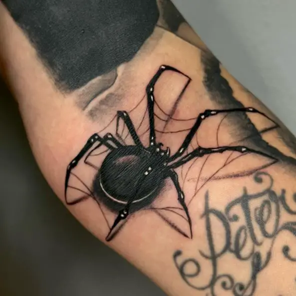 Spider Net and Black Widow Forearm Tattoo