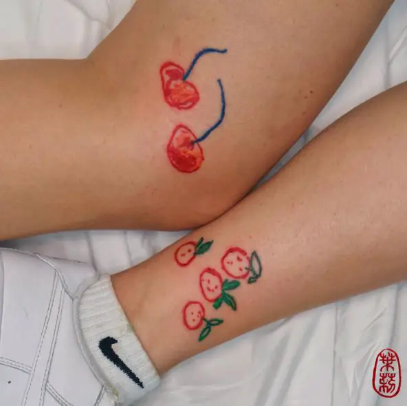 Crayon Strawberries and Cherries Tattoo