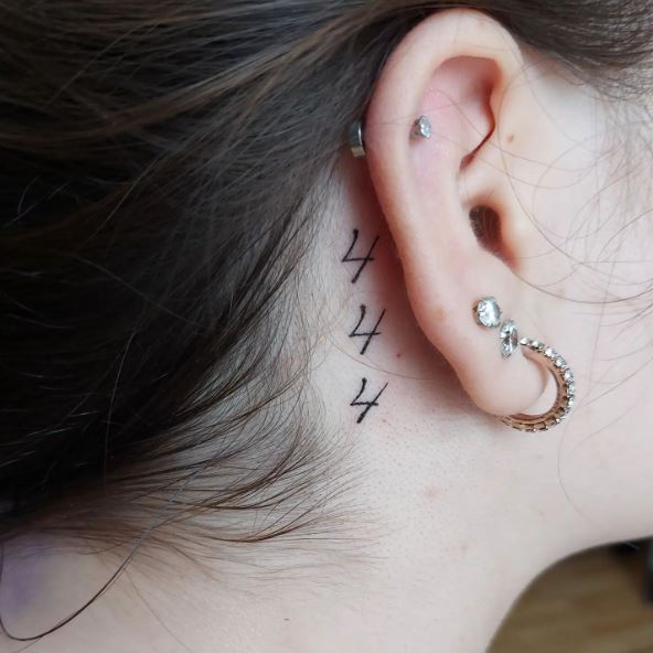 Black 444 Behind Ear Tattoo