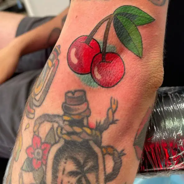 Colorful Cherries Elbow Tattoo