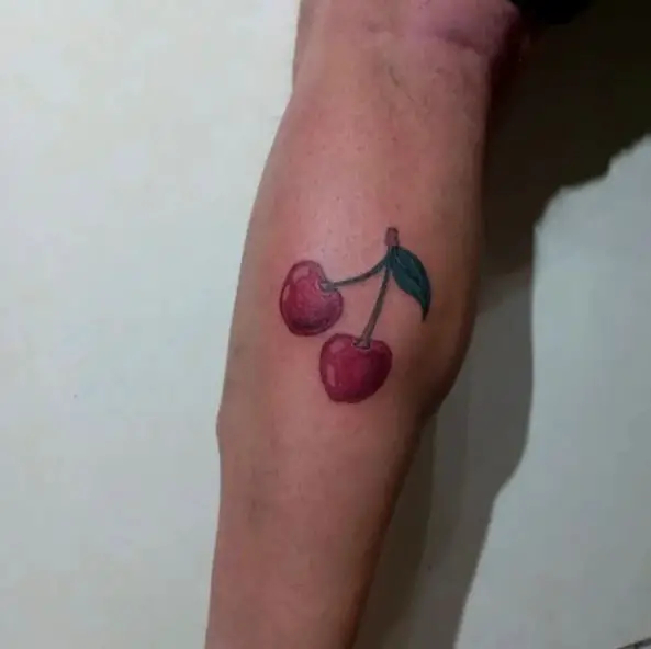 Colored Cherry with Leaf Arm Tattoo