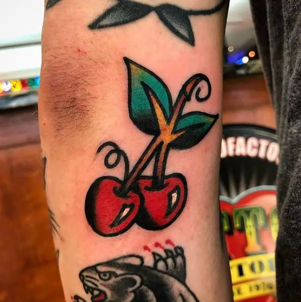 Colored Cherries Elbow Tattoo