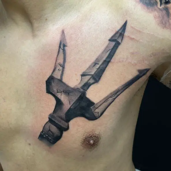 Black and Grey Trident Chest Tattoo