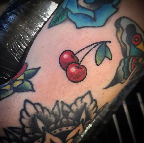 Cherries with Leaves Biceps Tattoo
