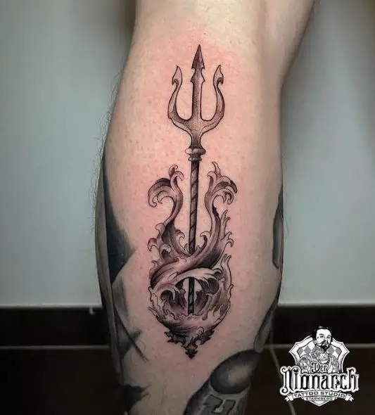 Sea Waves and Trident Calf Muscle Tattoo