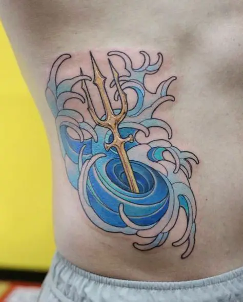 Blue Waves and Gold Trident Tattoo