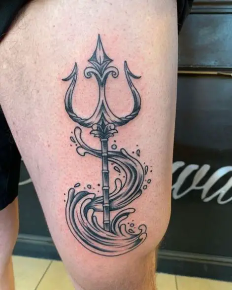Wave and Trident Thigh Tattoo