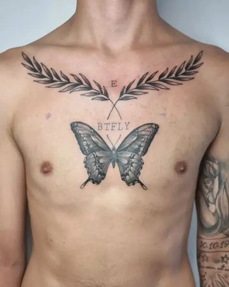 Butterfly and Laurel Wreath Chest Tattoo