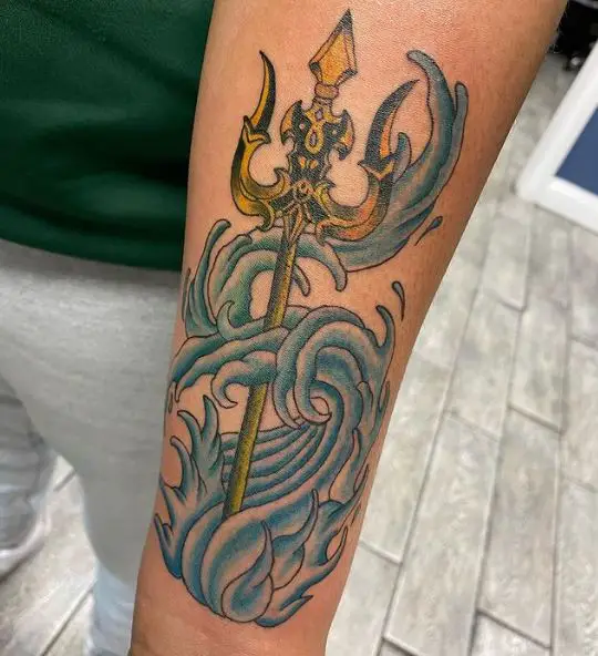 Blue Waves and Trident Forearm Tattoo