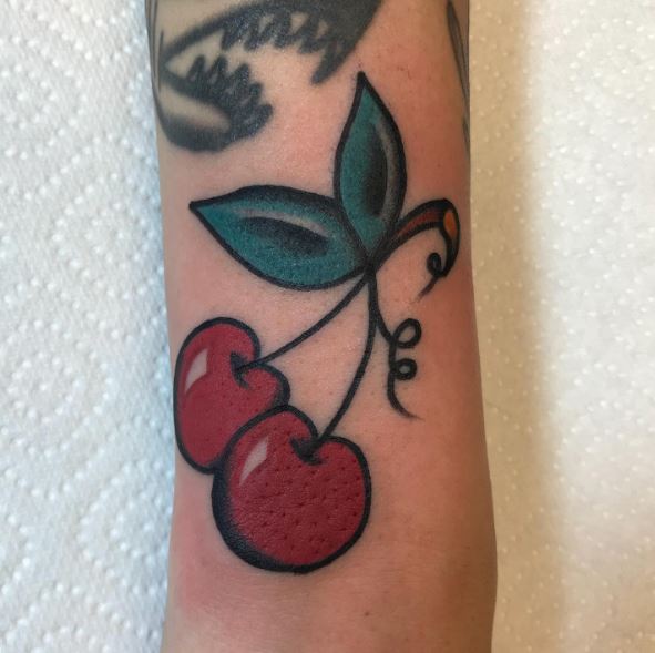Simple Cherries with Leaves Tattoo